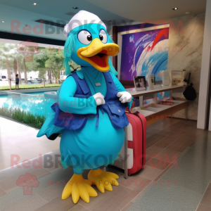 Turquoise Muscovy Duck mascot costume character dressed with a One-Piece Swimsuit and Messenger bags