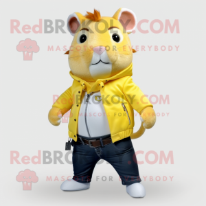 Lemon Yellow Hamster mascot costume character dressed with a Bootcut Jeans and Belts