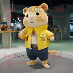 Lemon Yellow Hamster mascot costume character dressed with a Bootcut Jeans and Belts