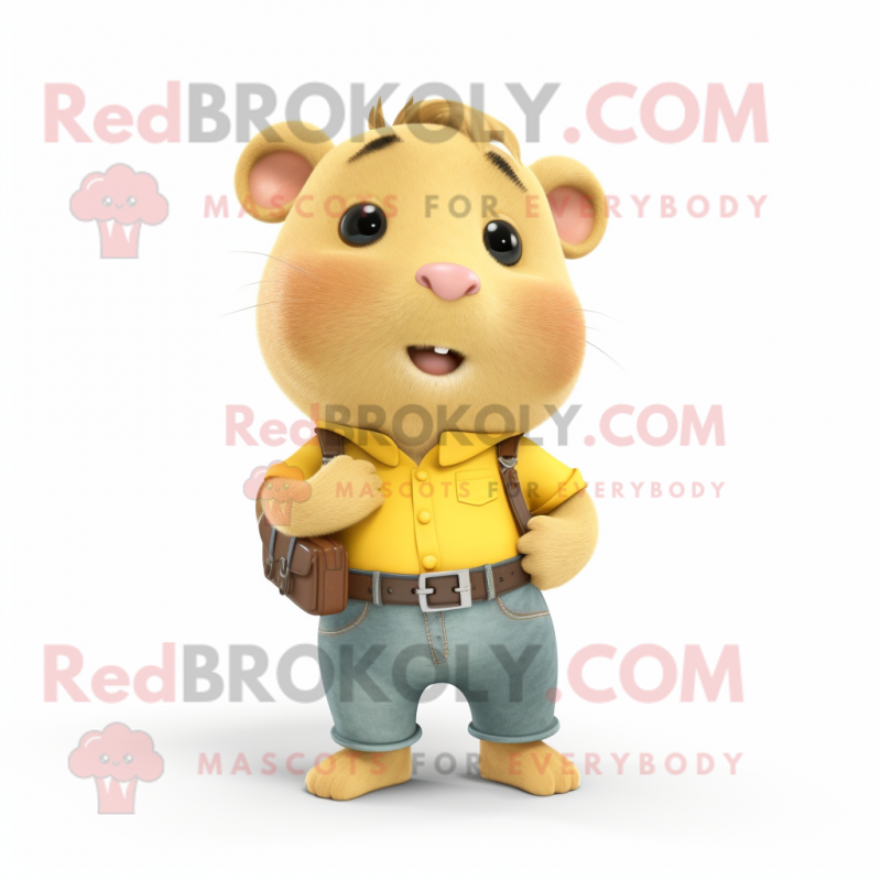 Lemon Yellow Hamster mascot costume character dressed with a Bootcut Jeans and Belts