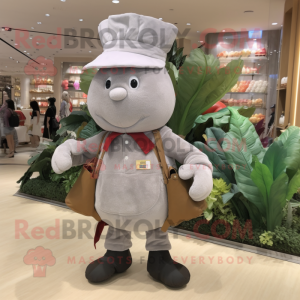 Gray Radish mascot costume character dressed with a Corduroy Pants and Handbags