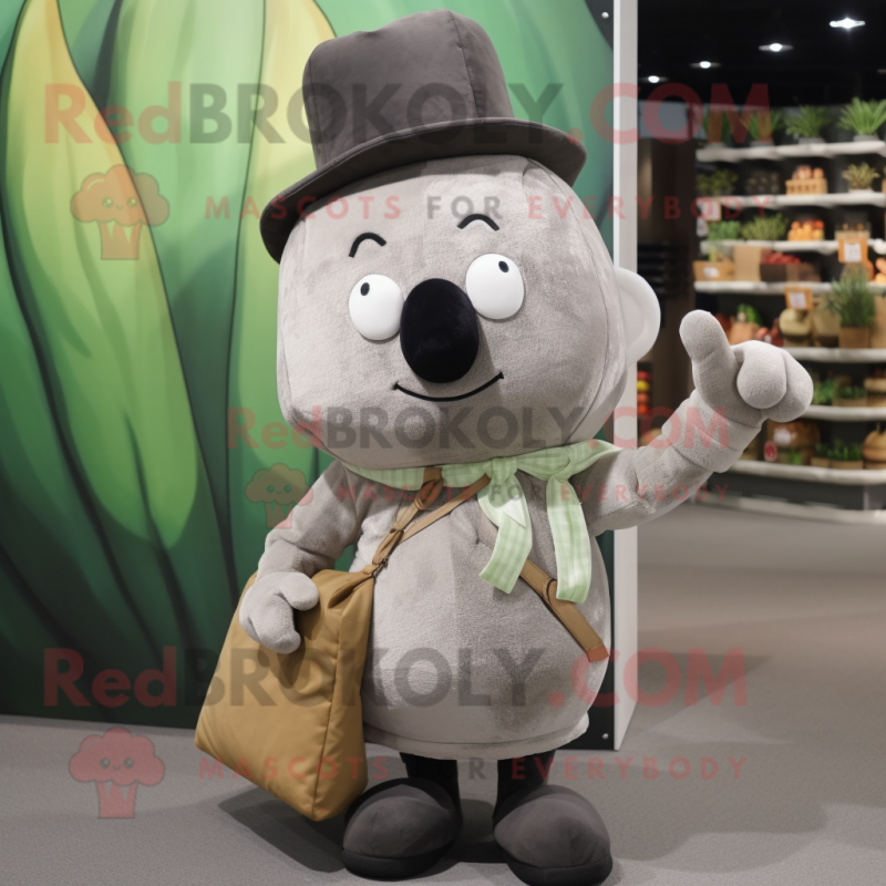 Gray Radish mascot costume character dressed with a Corduroy Pants and Handbags