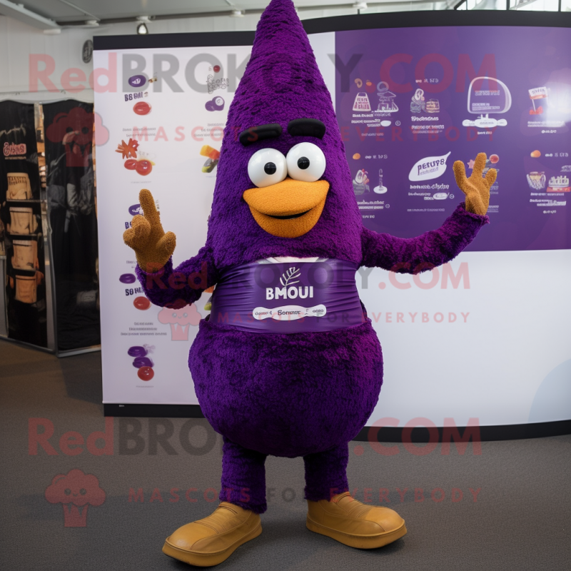 Purple Paella mascot costume character dressed with a Graphic Tee and Cummerbunds Purple Paella mascot costume character dressed with a Graphic Tee and Cummerbunds