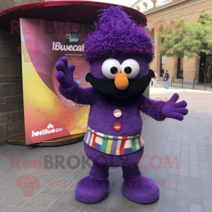 Purple Paella mascot costume character dressed with a Graphic Tee and Cummerbunds