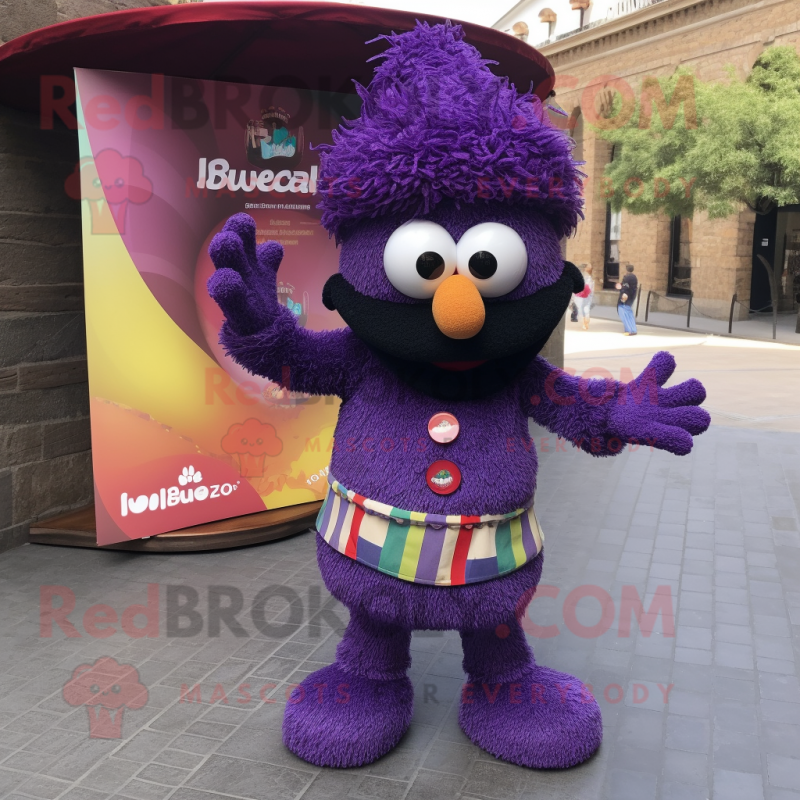 Purple Paella mascot costume character dressed with a Graphic Tee and Cummerbunds Purple Paella mascot costume character dressed with a Graphic Tee and Cummerbunds