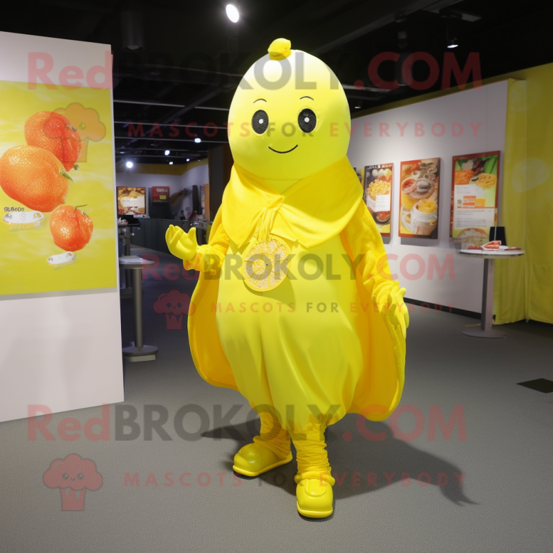 Lemon Yellow Chocolates mascot costume character dressed with a Bodysuit and Shawl pins Lemon Yellow Chocolates mascot costume character dressed with a Bodysuit and Shawl pins