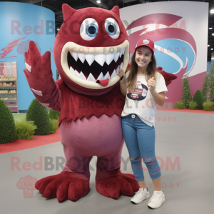 Maroon Barracuda mascot costume character dressed with a Mom Jeans and Rings