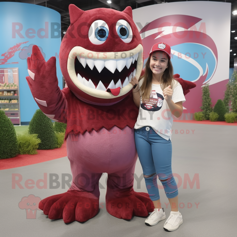 Maroon Barracuda mascot costume character dressed with a Mom Jeans and Rings Maroon Barracuda mascot costume character dressed with a Mom Jeans and Rings