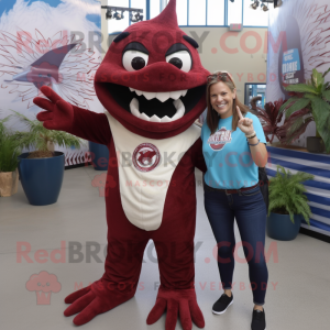 Maroon Barracuda mascot costume character dressed with a Mom Jeans and Rings