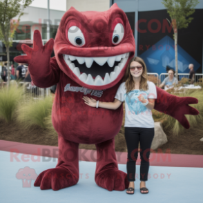 Maroon Barracuda mascot costume character dressed with a Mom Jeans and Rings