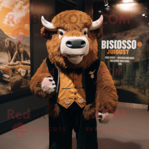 Rust Bison mascot costume character dressed with a Tuxedo and Hairpins