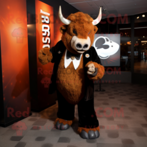 Rust Bison mascot costume character dressed with a Tuxedo and Hairpins