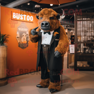 Rust Bison mascot costume character dressed with a Tuxedo and Hairpins