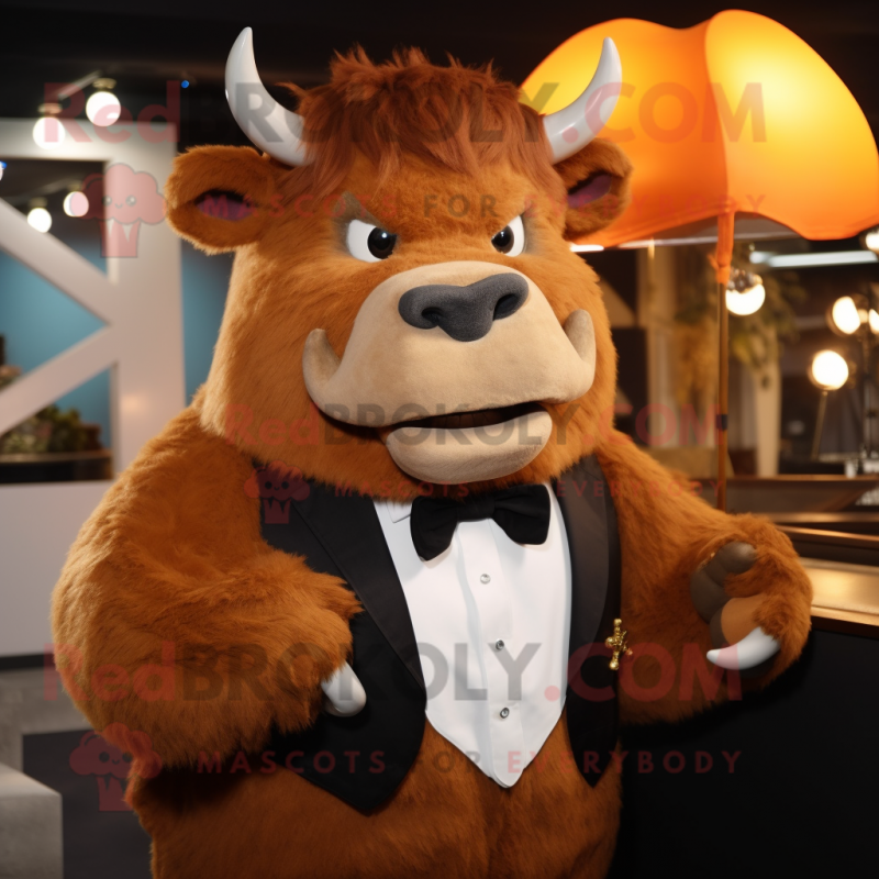 Rust Bison mascot costume character dressed with a Tuxedo and Hairpins