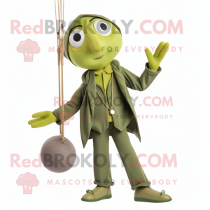 Olive Trapeze Artist mascot costume character dressed with a Jacket and Earrings