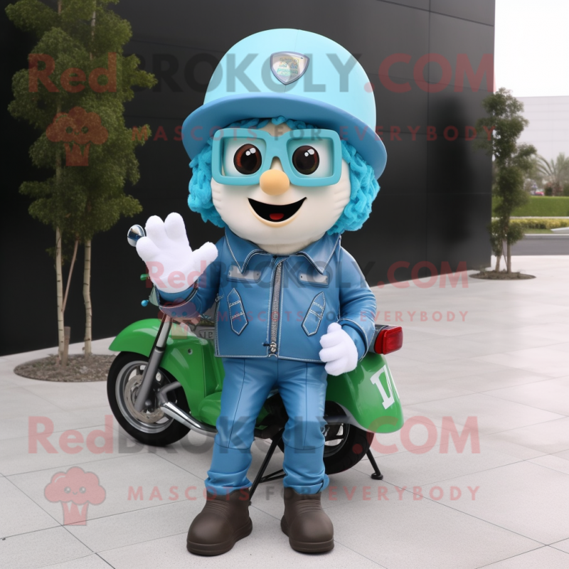 Sky Blue Leprechaun Hat mascot costume character dressed with a Moto Jacket and Reading glasses