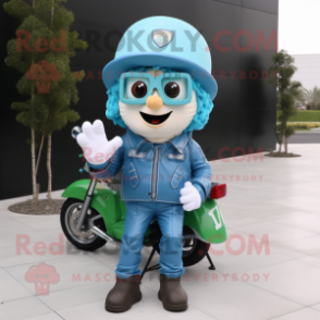 Sky Blue Leprechaun Hat mascot costume character dressed with a Moto Jacket and Reading glasses