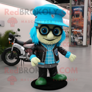 Sky Blue Leprechaun Hat mascot costume character dressed with a Moto Jacket and Reading glasses
