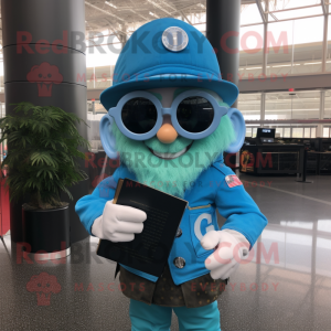 Sky Blue Leprechaun Hat mascot costume character dressed with a Moto Jacket and Reading glasses