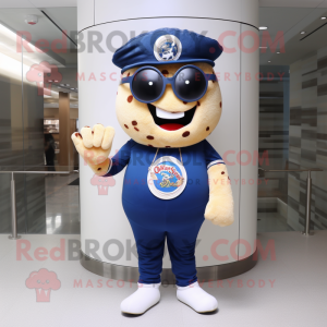 Navy Bagels mascot costume character dressed with a Flare Jeans and Eyeglasses