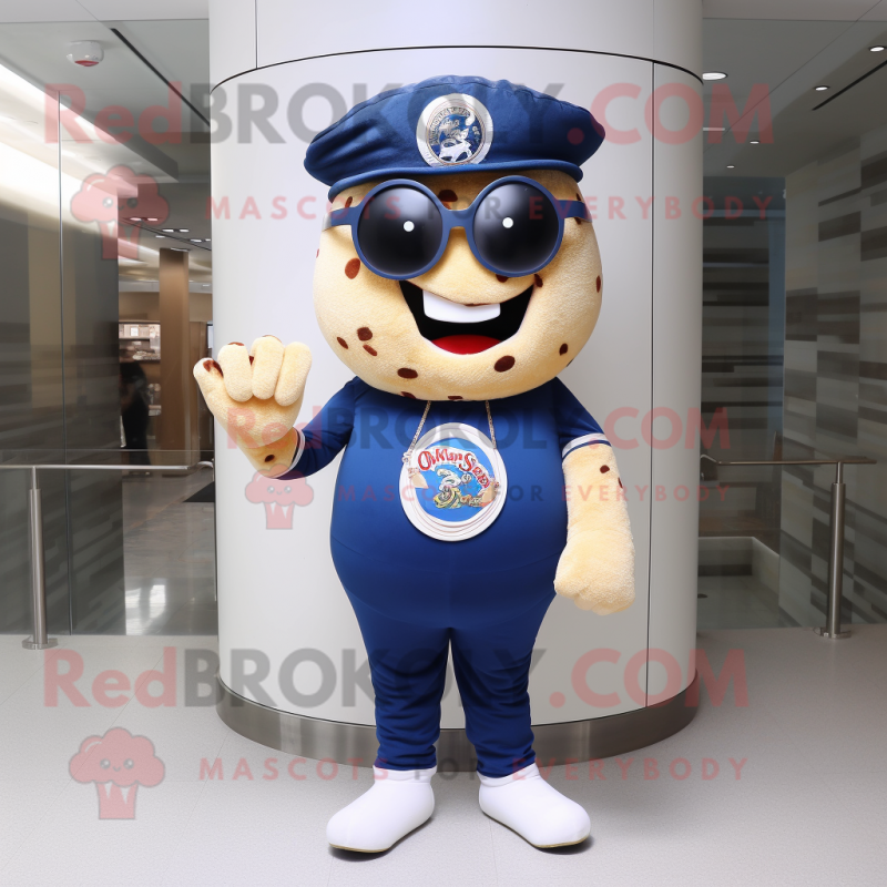 Navy Bagels mascot costume character dressed with a Flare Jeans and Eyeglasses Navy Bagels mascot costume character dressed with a Flare Jeans and Eyeglasses