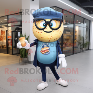 Navy Bagels mascot costume character dressed with a Flare Jeans and Eyeglasses