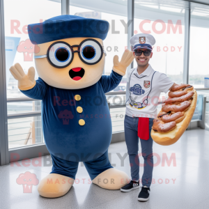 Navy Bagels mascot costume character dressed with a Flare Jeans and Eyeglasses