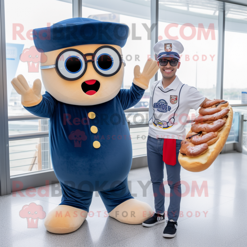 Navy Bagels mascot costume character dressed with a Flare Jeans and Eyeglasses Navy Bagels mascot costume character dressed with a Flare Jeans and Eyeglasses