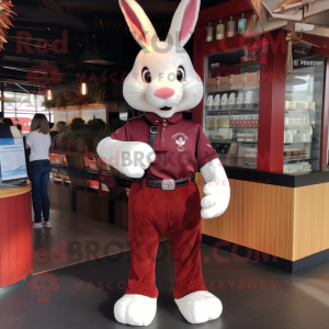 Maroon Rabbit mascot costume character dressed with a Polo Shirt and Belts