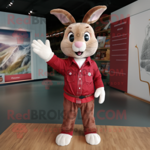 Maroon Rabbit mascot costume character dressed with a Polo Shirt and Belts