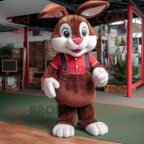 Maroon Rabbit mascot costume character dressed with a Polo Shirt and Belts