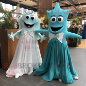 Teal Starfish mascot costume character dressed with a Wedding Dress and Handbags