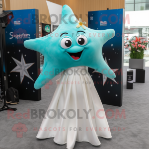 Teal Starfish mascot costume character dressed with a Wedding Dress and Handbags