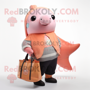 Peach Humpback Whale mascot costume character dressed with a Sweater and Handbags