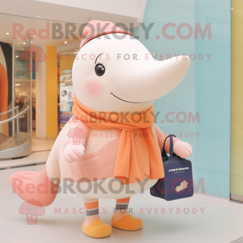 Peach Humpback Whale mascot costume character dressed with a Sweater and Handbags Peach Humpback Whale mascot costume character dressed with a Sweater and Handbags