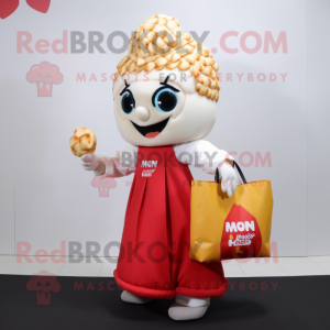 nan Pop Corn mascot costume character dressed with a Wrap Dress and Tote bags