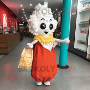 nan Pop Corn mascot costume character dressed with a Wrap Dress and Tote bags