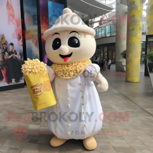 nan Pop Corn mascot costume character dressed with a Wrap Dress and Tote bags