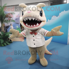 Beige Shark mascot costume character dressed with a Blouse and Hair clips