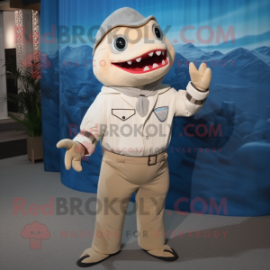 Beige Shark mascot costume character dressed with a Blouse and Hair clips