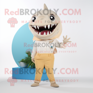 Beige Shark mascot costume character dressed with a Blouse and Hair clips