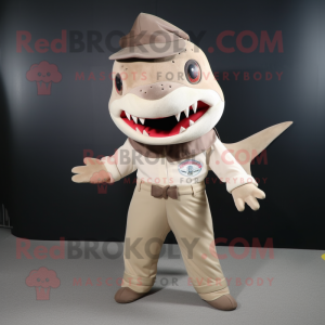 Beige Shark mascot costume character dressed with a Blouse and Hair clips