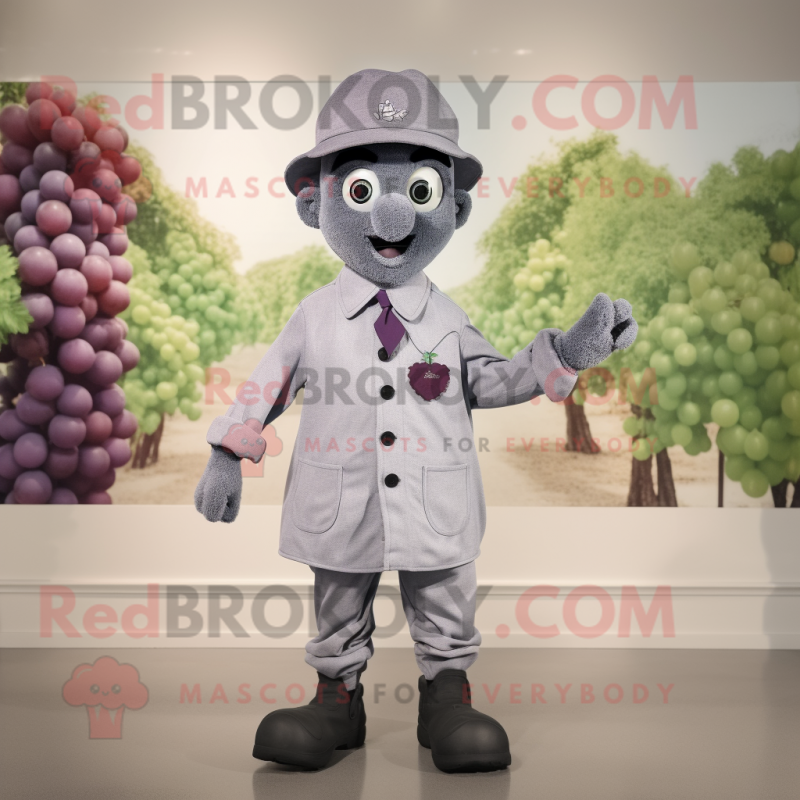 Gray Grape mascot costume character dressed with a Button-Up Shirt and Berets Gray Grape mascot costume character dressed with a Button-Up Shirt and Berets