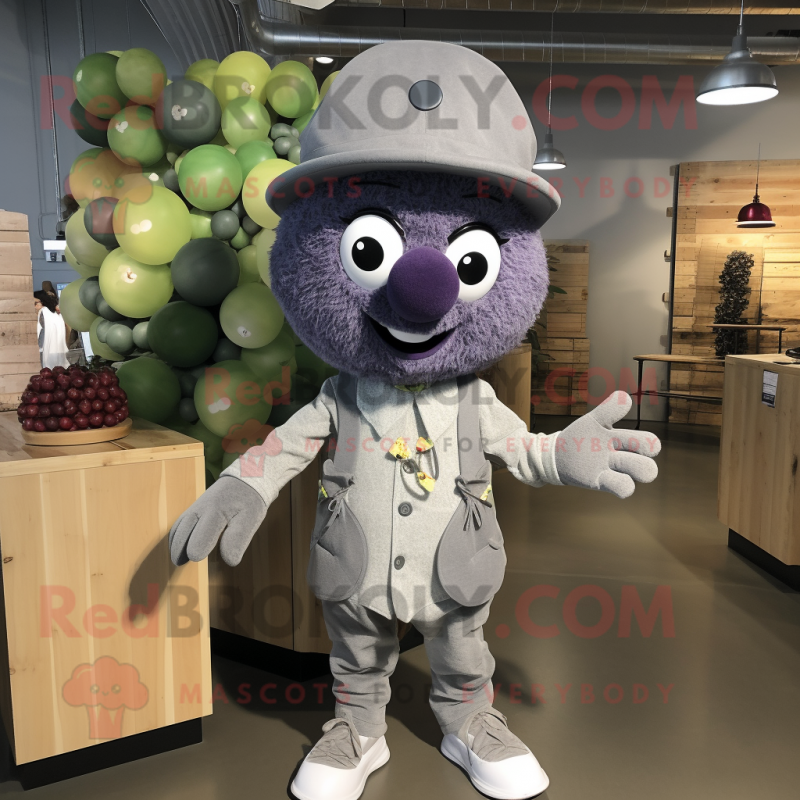 Gray Grape mascot costume character dressed with a Button-Up Shirt and Berets Gray Grape mascot costume character dressed with a Button-Up Shirt and Berets