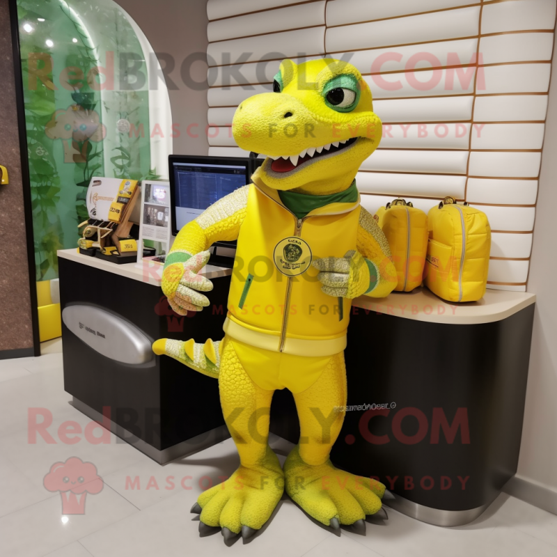 Lemon Yellow Crocodile mascot costume character dressed with a Rash Guard and Coin purses