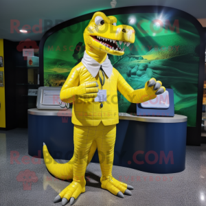 Lemon Yellow Crocodile mascot costume character dressed with a Rash Guard and Coin purses