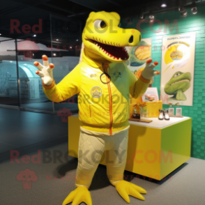 Lemon Yellow Crocodile mascot costume character dressed with a Rash Guard and Coin purses