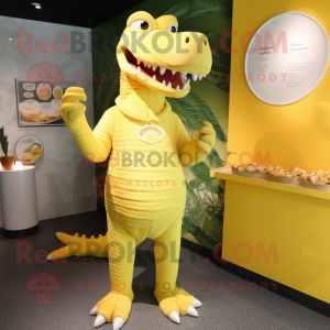 Lemon Yellow Crocodile mascot costume character dressed with a Rash Guard and Coin purses