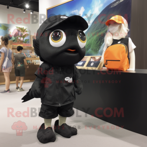 Black Goldfish mascot costume character dressed with a Cargo Shorts and Watches