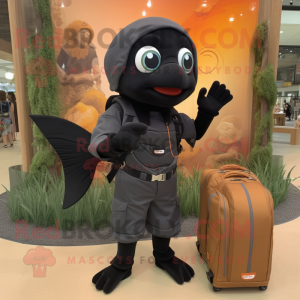 Black Goldfish mascot costume character dressed with a Cargo Shorts and Watches